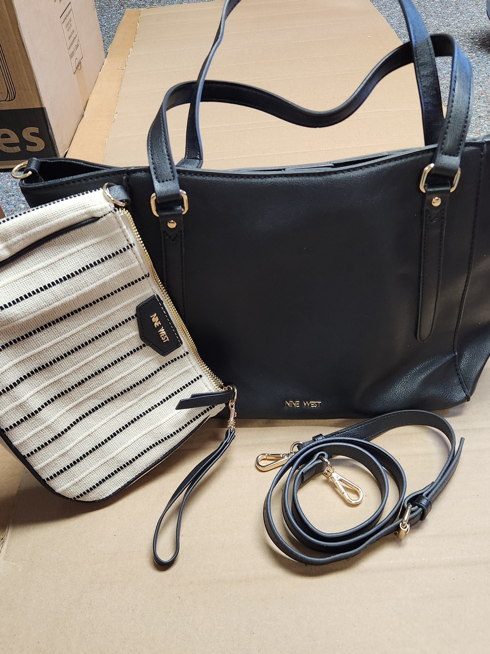 Nine West Black Tote with Striped Wristlet